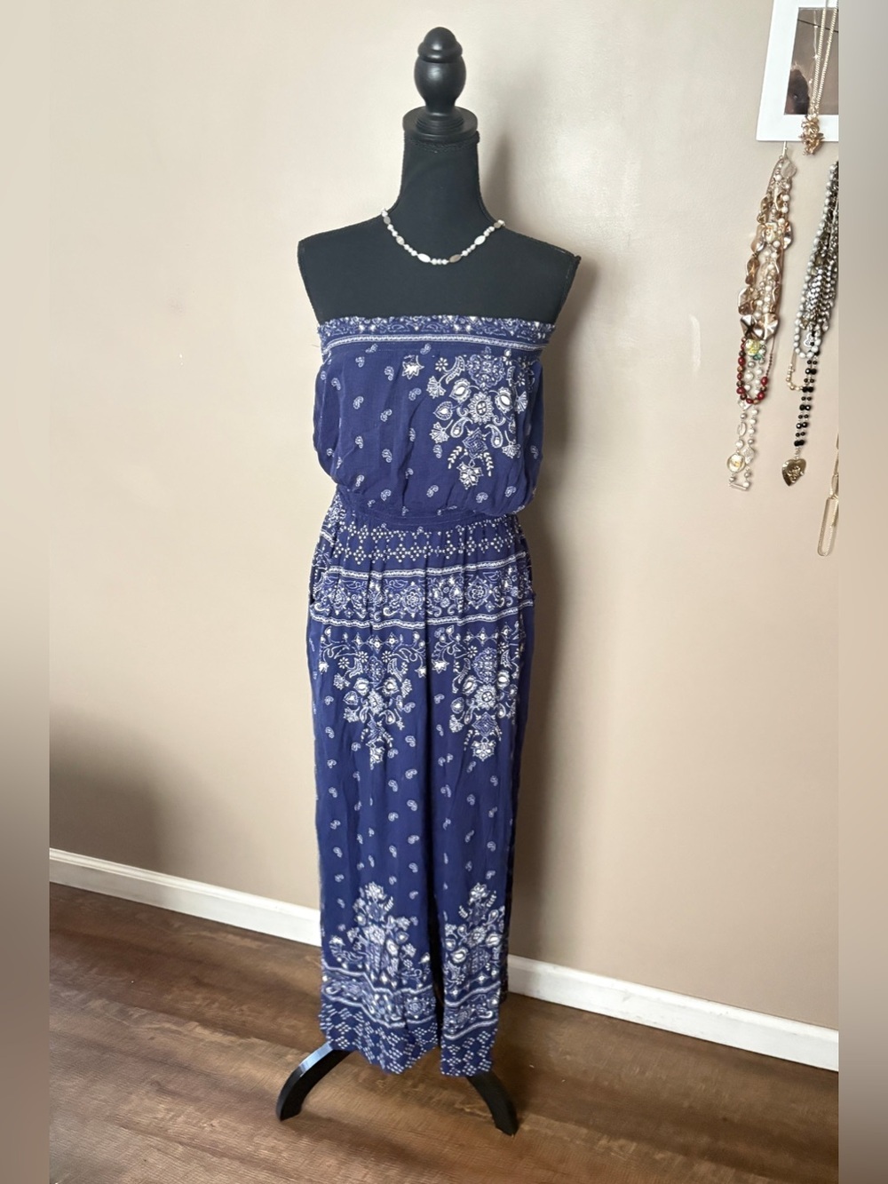 Coco + Jaimeson strapless wide-leg jumpsuit bandana rayon vacation summer L EUC